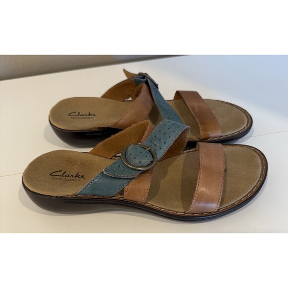 Clarks Bendables Slip On Two Tone Brown Blue Leather Slide Comfort Sandals 8 New - Picture 2 of 7